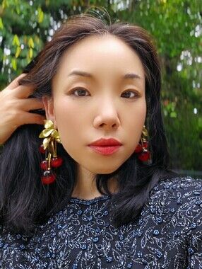 Chunky Cherry Drop Earrings Brass Gold Tone with Red Glass Cherries